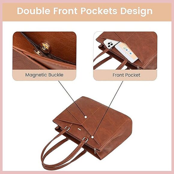 Laptop Tote Bag for Women, Office Work Bag Briefcase fit Dark Vintage Brown - Picture 3 of 9